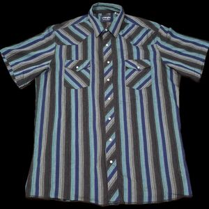Wrangler Western Shirt Men's XLT, Brushhopper  Black & Blue Stiped w/ Pearl Snap